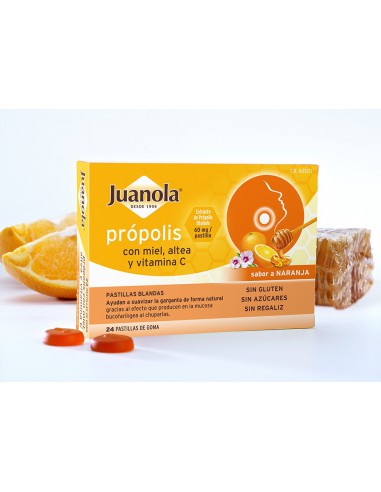 JUANOLA PROPOLIS MIEL ALTEA Y VITAMINA C 24 PASTILLAS DE GOMA SABOR NARANJA