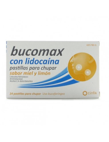 BUCOMAX CON LIDOCAINA 24 PASTILLAS PARA CHUPAR (SABOR MIEL Y LIMON)