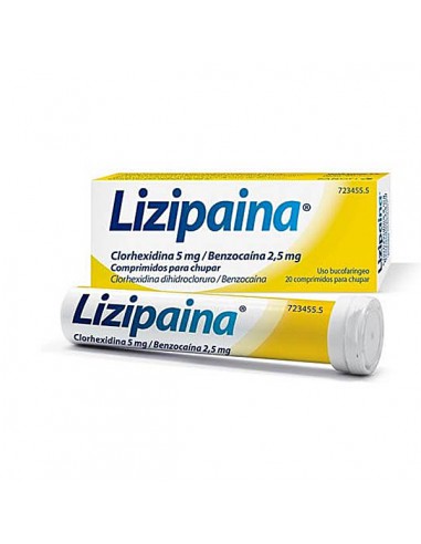 LIZIPAINA CLORHEXIDINA/BENZOCAINA 5 mg/2,5 mg 20 COMPRIMIDOS PARA CHUPAR (TUBO)