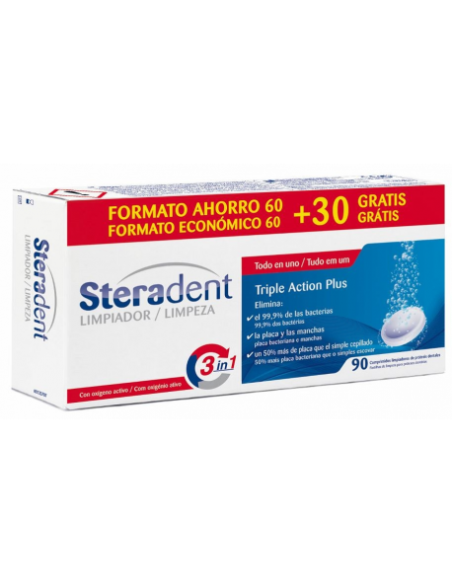 STERADENT TRIPLE ACCION PLUS LIMPIEZA PROTESIS DENTAL 90 COMPRIMIDOS