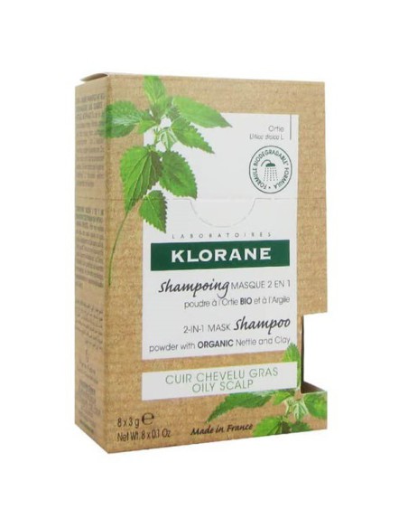 KLORANE CHAMPU MASCARILLA 2 EN 1 POLVO A LA ORTIGA Y A LA ARCILLA 8 SO